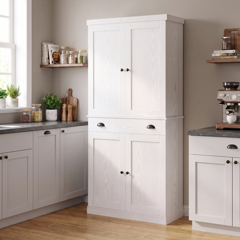 Armoire de cuisine avec support de rangement coulissant et 6 tablettes suspendues, Blanc