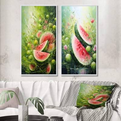 Green And Pink Brush Melon Bounty I - Melon Wall Decor Set Of 2