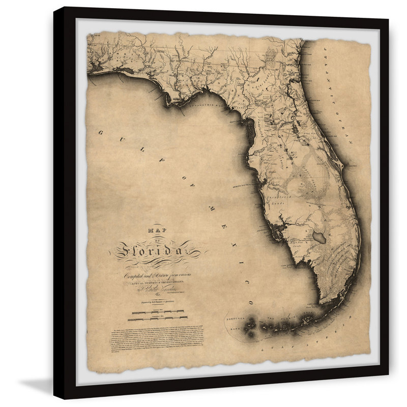 Florida 1823 State Map - Reproduction d'art graphique sur papier encadré, H 18 po x l 18 po x 1,5 po