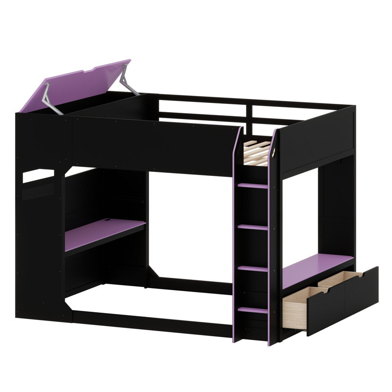 Lit mezzanine avec bureau à hauteur réglable, Mauve et noir