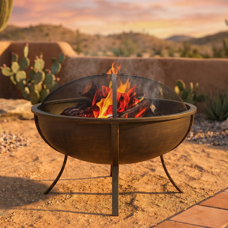 32" Outdoor Wood-Burning Fire Pit with Spark Screen - Brushed Brass, Black