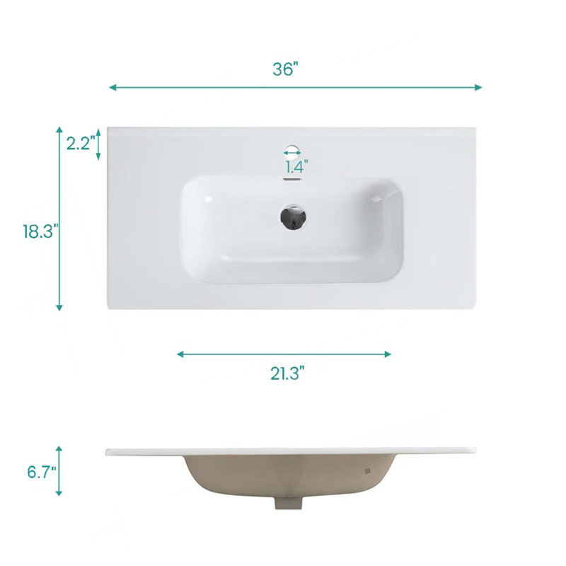 Integrated white ceramic basin, drain assembly NOT included
