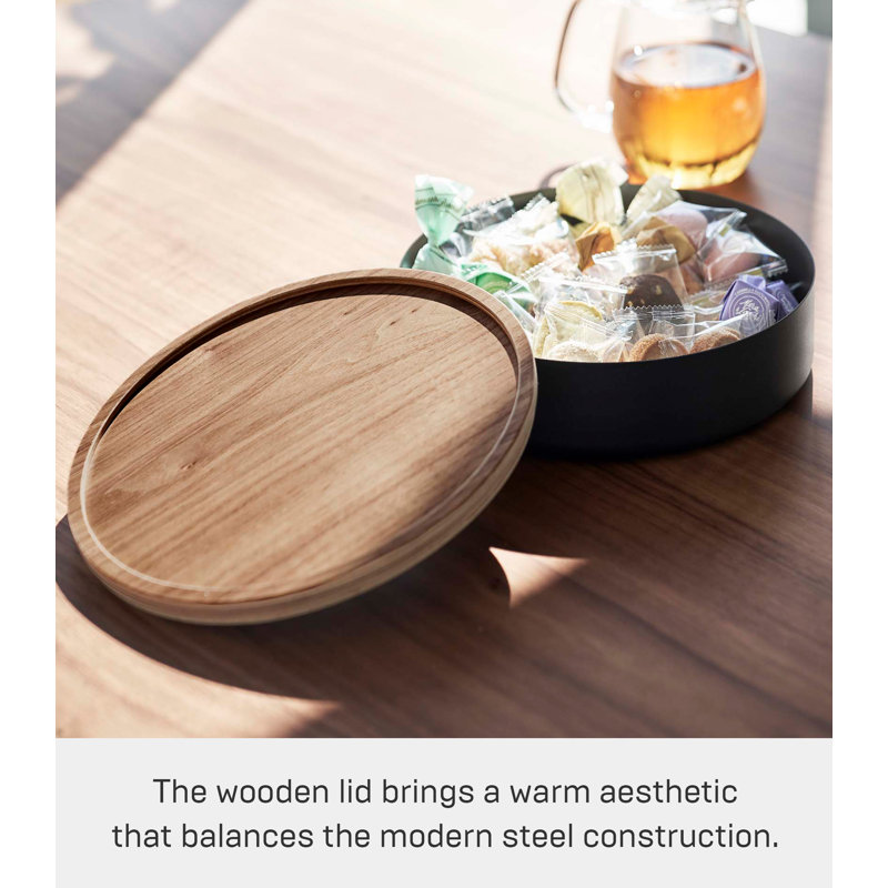 Black Steel and Wood Round Storage Bin