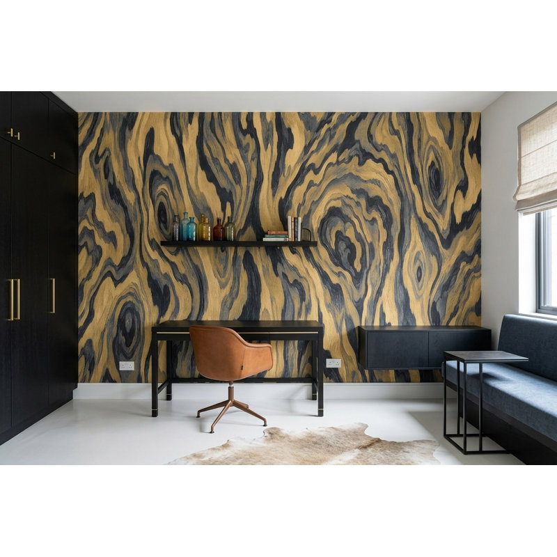 Gold Wood Grain Wallpaper Charcoal Veined Wall Mural, 160"x108", Peel and Stick
