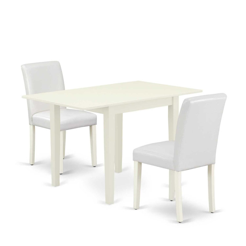 L'ensemble de table de cuisine 3 pièces comprend une table de salle à manger rectangulaire avec Dropleaf et 2 chaises Parsons en similicuir blanc, lin blanc