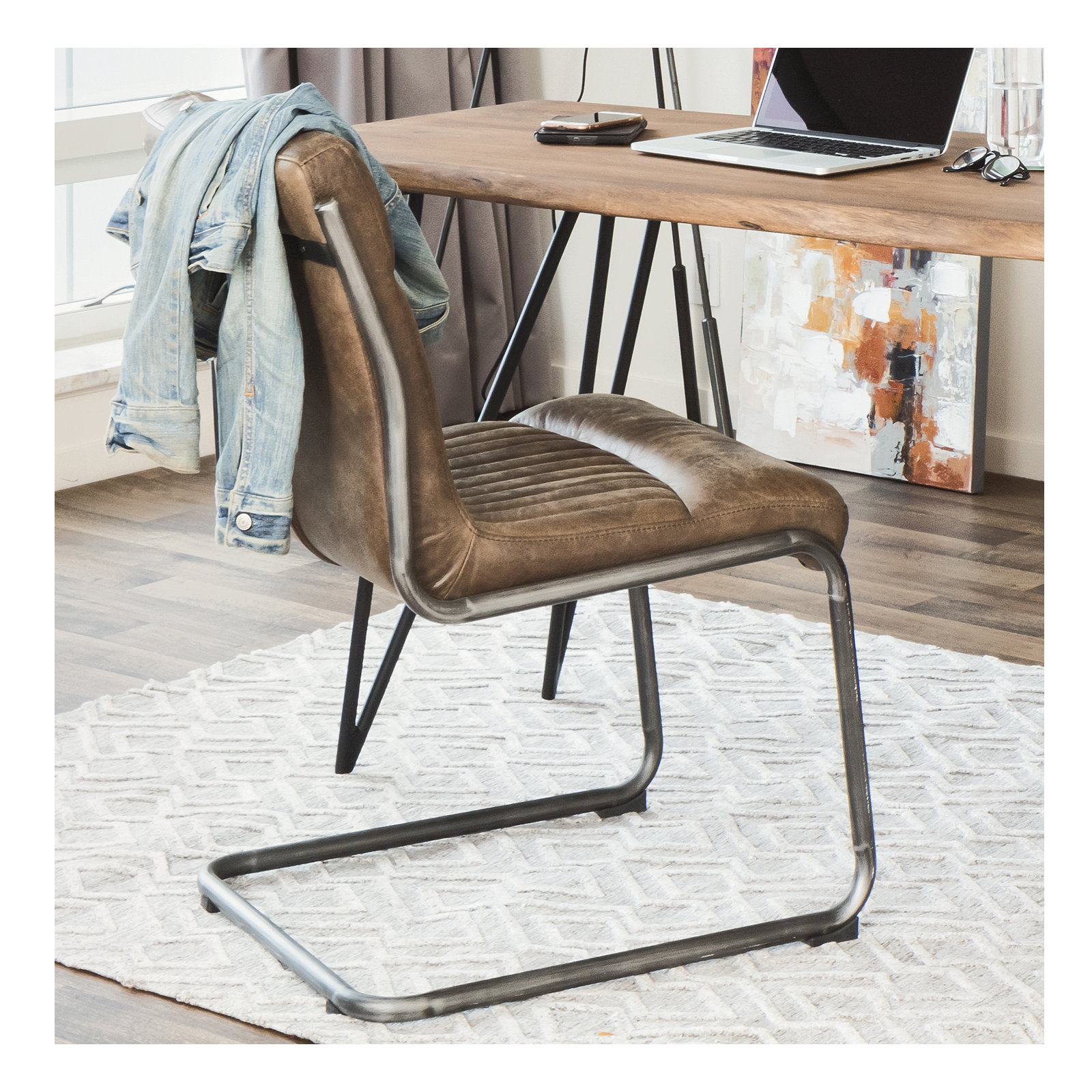 Pirlo Leather Side Chair, Brown Genuine Leather