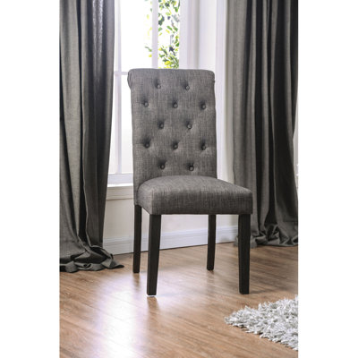 Classic Antique Black / Gray Set Of 2 Side Chairs Button Tufted Linen Like Fabric Solid Wood Chair Upholstered Scroll Back Kitchen Rustic Dining Room Furniture