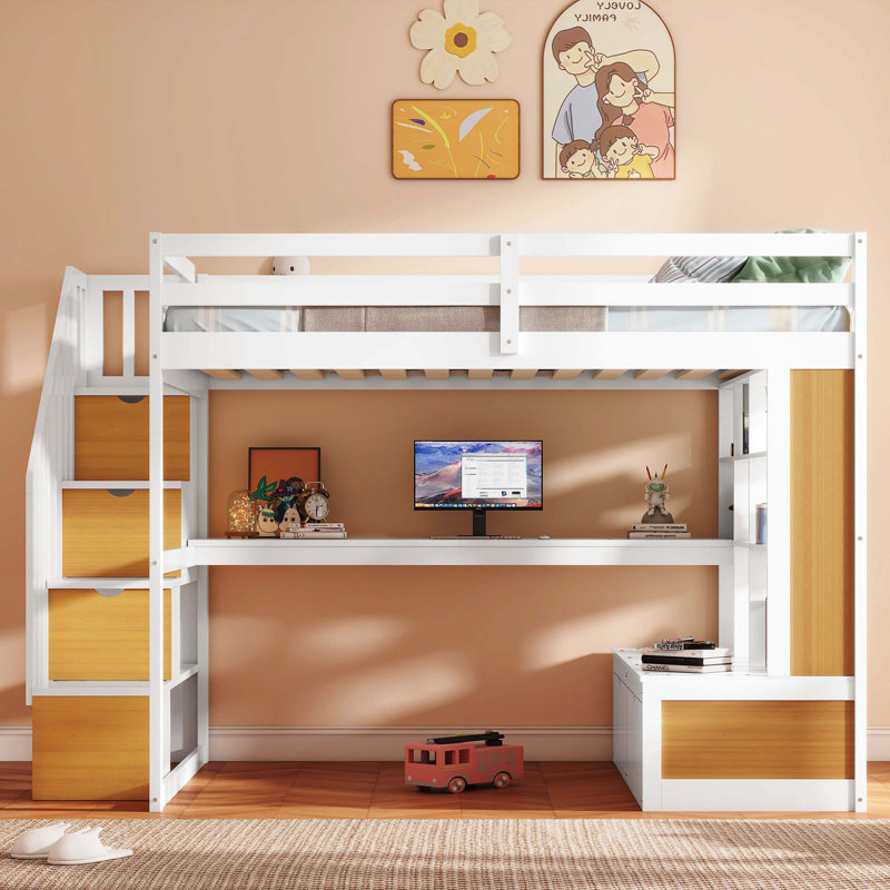 Lit mezzanine double pleine grandeur avec bureau, tablettes de rangement, deux tiroirs intégrés et escalier de rangement pratique, blanc et naturel