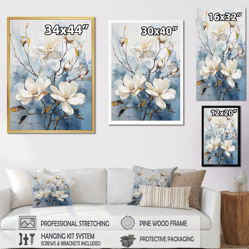 «Magnolias Blossom I» blanc et bleu sur toile, Toile tendue, H 32 po x l 24 po x P 1 po