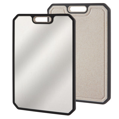 Planche à découper double face en acier inoxydable 304 - 15 x 10 po, rainure à jus profond, poignée, lavable au lave-vaisselle - lumière vive