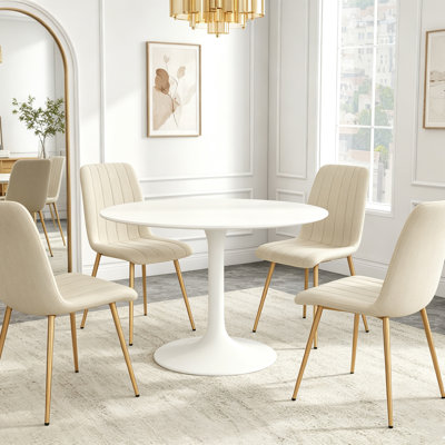 Beige Upholstered Dining Chairs Set of 4, Modern Vertical Stripe Kitchen Chairs with Light Wood Metal Legs, Mid-Century Armless Side Chairs for Dining Room Living Room