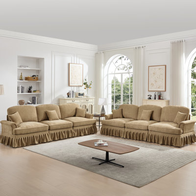 Canapé modulaire confortable à 3 places en chenille café, avec accoudoirs évasés, jupes plissées à volants et repose-pieds mobile pour petits espaces Chenille canapé-lit classique fonctionnel