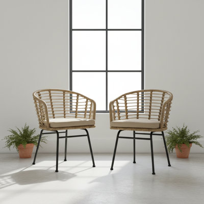 Chaise de patio moderne en osier | Siège de salle à manger en rotin brun et beige en polyéthylène avec coussins résistants à l'eau