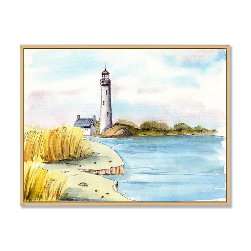 Phare sur un bord de mer lointain - Peinture sur toile, Cadre flottant en érable, H 24 po x l 32 po