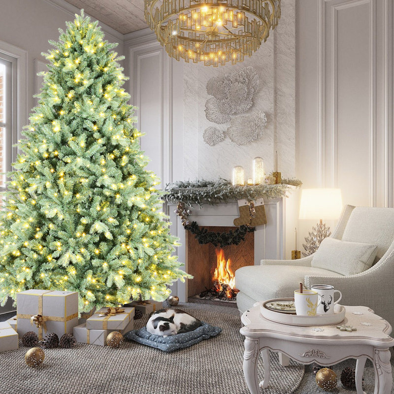 Arbre de Noël bleu de 5 pi avec 300 lumières blanches chaudes, 1194 pointes, branches à charnières pour une installation rapide, support en métal, centre de table élégant avec structure décorative sans effort Pe +
