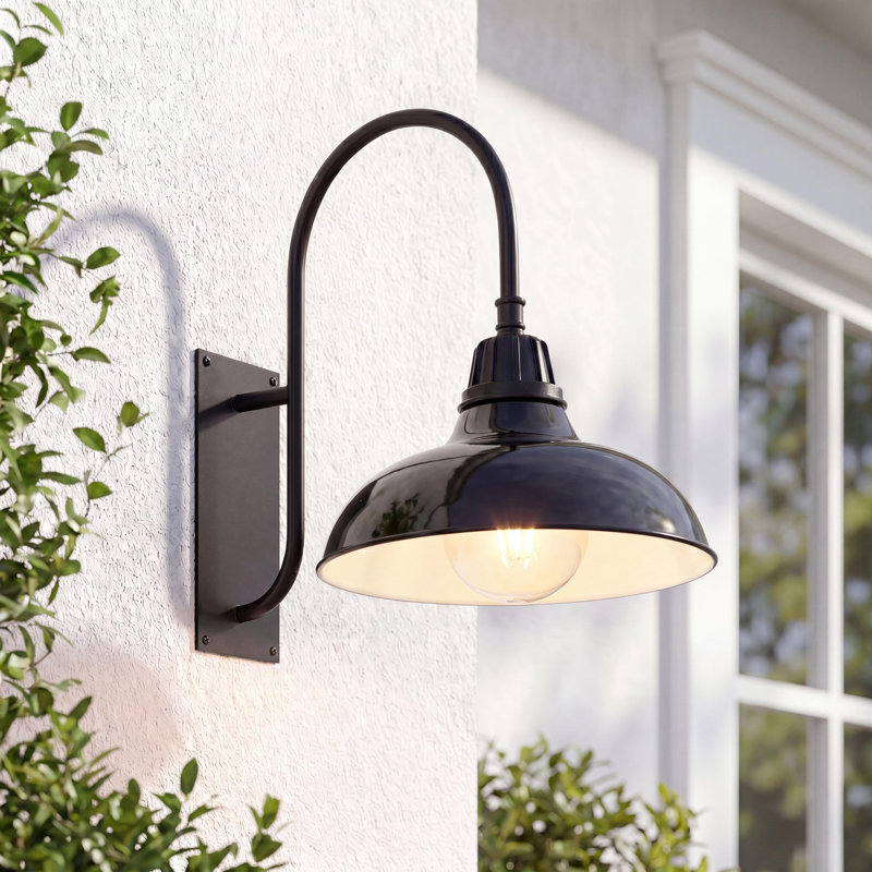 Stanley 12.25" 1-Light Farmhouse Industrial Indoor/Outdoor Iron LED Gooseneck Arm Outdoor Sconce, Black