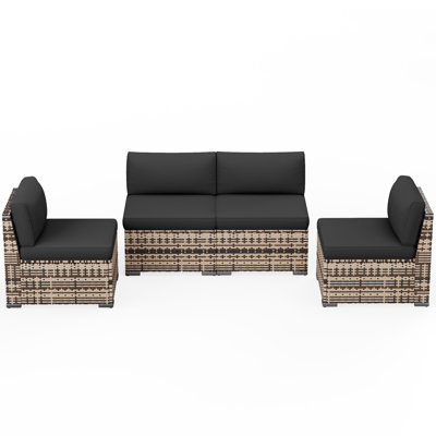 Outdoor Yellow PE Rattan Slant Back Wicker Sofa, 4 Armless Sofas Set, All-Weather Patio Couch For Porch, Backyard, Garden