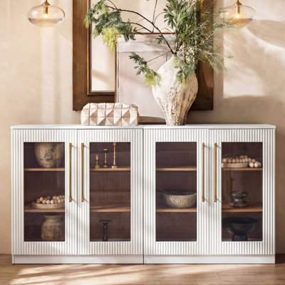 Velora 62" Modern Sideboard Cabinet & Console – Ribbed Glass Doors, Knurled Brass Handles, Ash Wood Veneer– Living & Dining Room