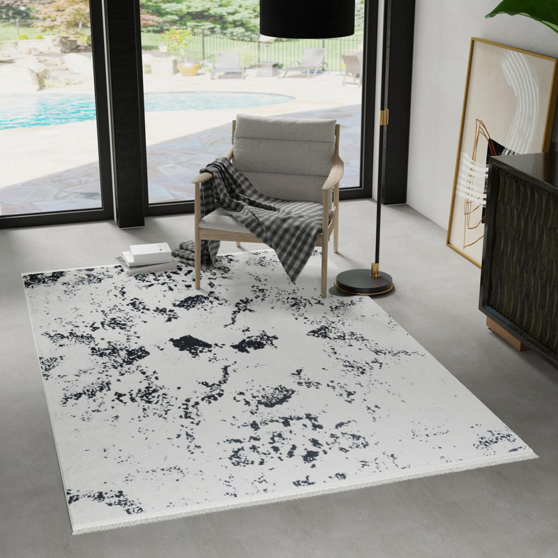 Bralin Abstract Machine Made Polyester Area Rug in Black/White/Grey, Rectangle 6'1" x 9'