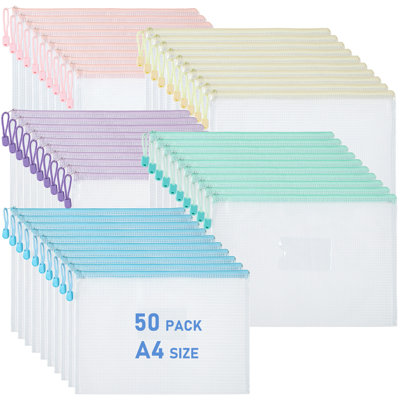 Multicolore, 50 pièces, pochettes à fermeture à glissière en filet, rangement en PVC imperméable pour documents, casse-têtes, format lettre A4
