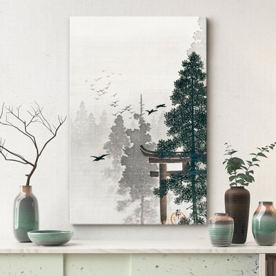 «Ukiyo-E Woodblock Torii Gate in Pine Tree Forest» par Ohara Koson, images japonaises de style asiatique japonais, impression numérique sur toile, impression numérique sur toile