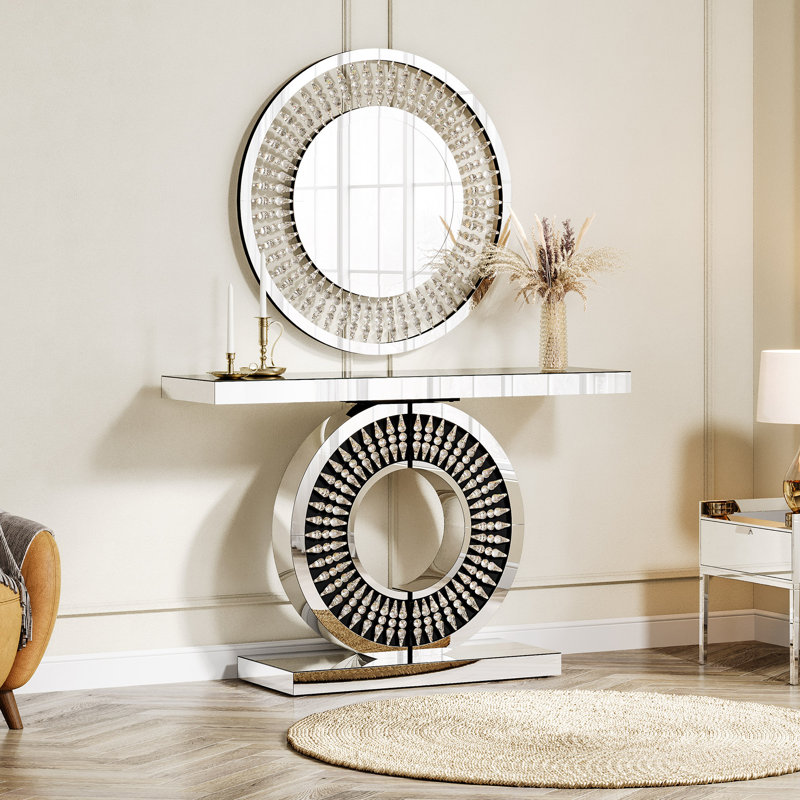 43-Inch Mirrored Console Table With Round Jeweled Decorative Wall Mirror Set Of 2