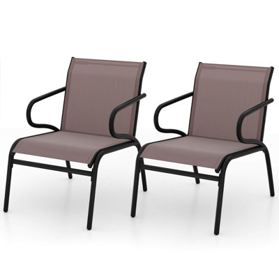 Patio Chairs Set Of 2 With Breathable Fabric & Metal Frame Armrests For Poolside Brown