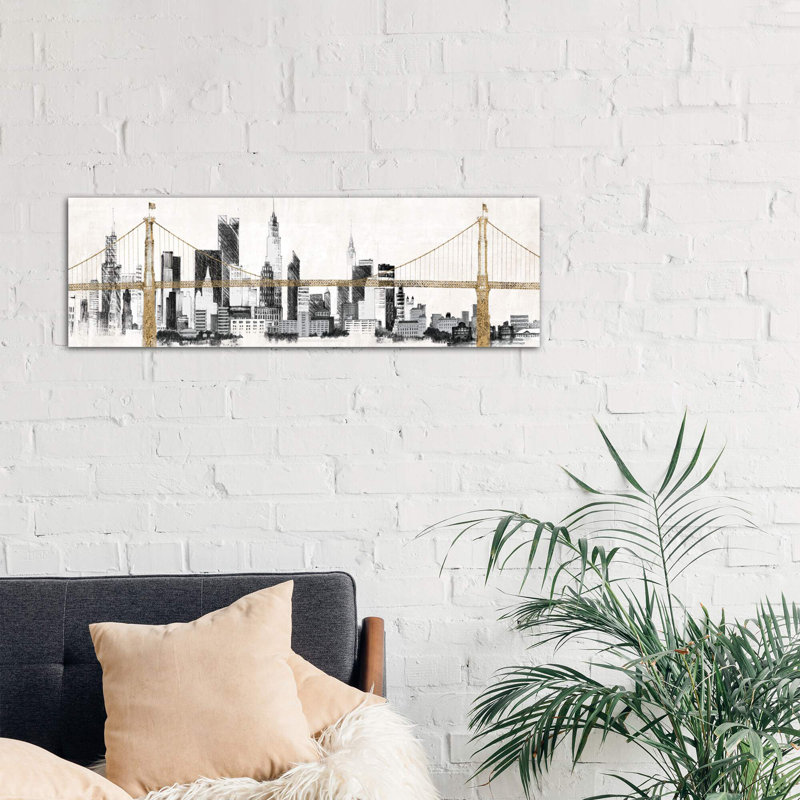 Bridge And Skyline by Avery Tillmon - Wrapped Canvas Panoramic Painting, 30.48 cm H x 91.44 cm W x 1.91 cm D