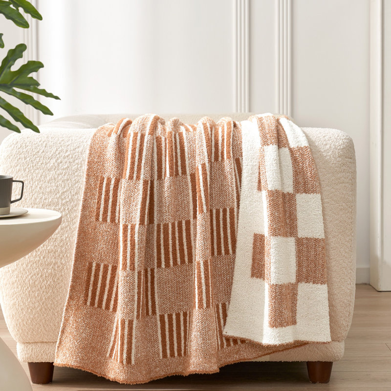 Jeté réversible à rayures et à carreaux, couvertures en fausse fourrure moelleuse pour canapé ou lit, L 80 po x l 60 po