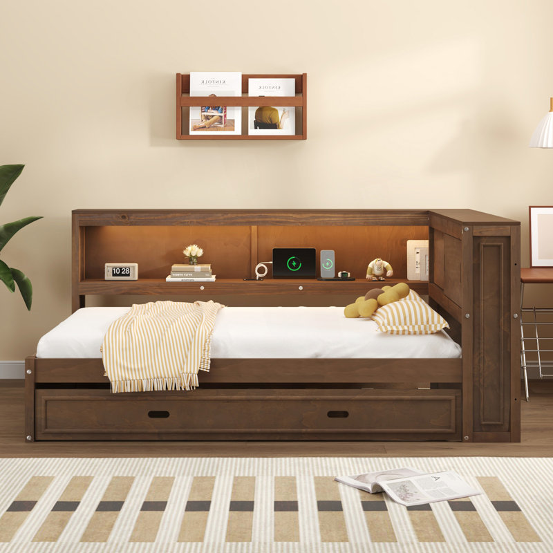 Lit de jour double avec tablettes de rangement et lit gigogne, lit de jour moderne, Bois