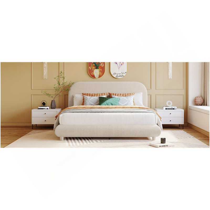 Lit plateforme tapissier grand en polaire Teddy, Beige, Grand lit