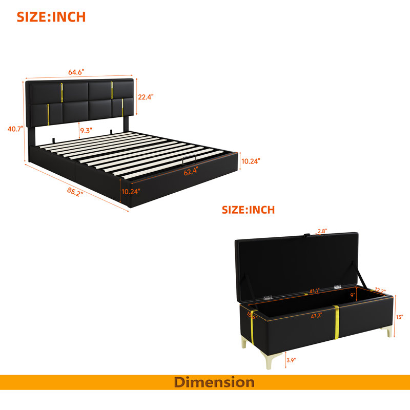 2-Pieces Bedroom Sets,Queen Size Upholstered Platform Bed With Hydraulic Storage System,Storage Ottoman With Metal Legs