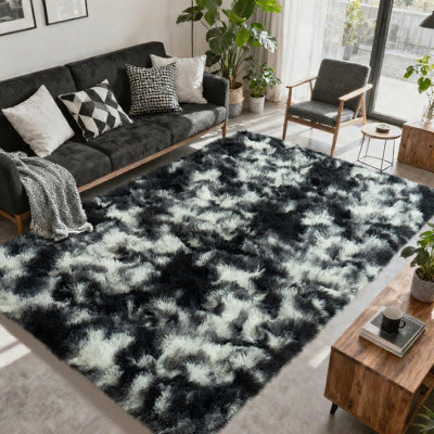Tapis à poil long noir et blanc de 9 pi x 12 pi, idéal pour la décoration de salon, tapis moelleux ultra doux pour les planchers de chambre à coucher, tapis esthétiques convenant aux chambres d'enfants, aux dortoirs et à la décoration intérieure