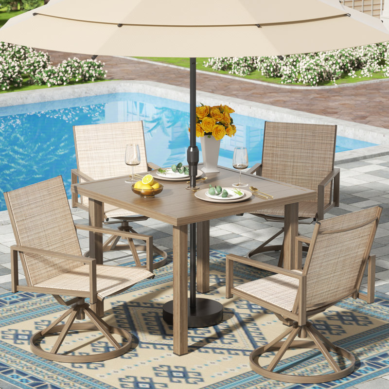 Bogdanka Outdoor 4 Person Dining Set, 4 Swivel Chairs and Woodgrain Steel Dining Table