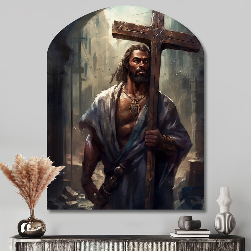 «Black Jesus with Cross III» - arche, art mural paysage en métal, sculpture murale asymétrique en métal, H 43 po x l 33 po