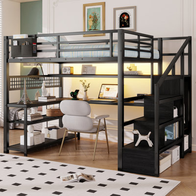 Full Size Loft Bed with Staircase and Wardrobe, Metal Loft Bed with Desk, Storage Shelves, LED Lights and Charge Station,Black
