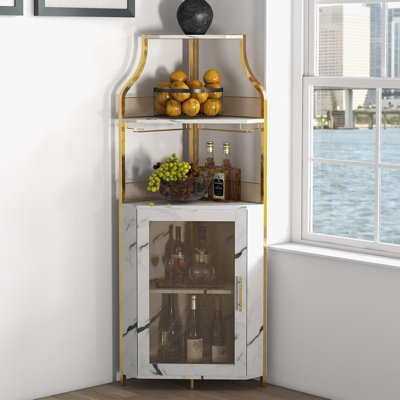 Armoire de bar d'angle à 5 niveaux, support à vin industriel avec porte-verre, tablettes réglables, or