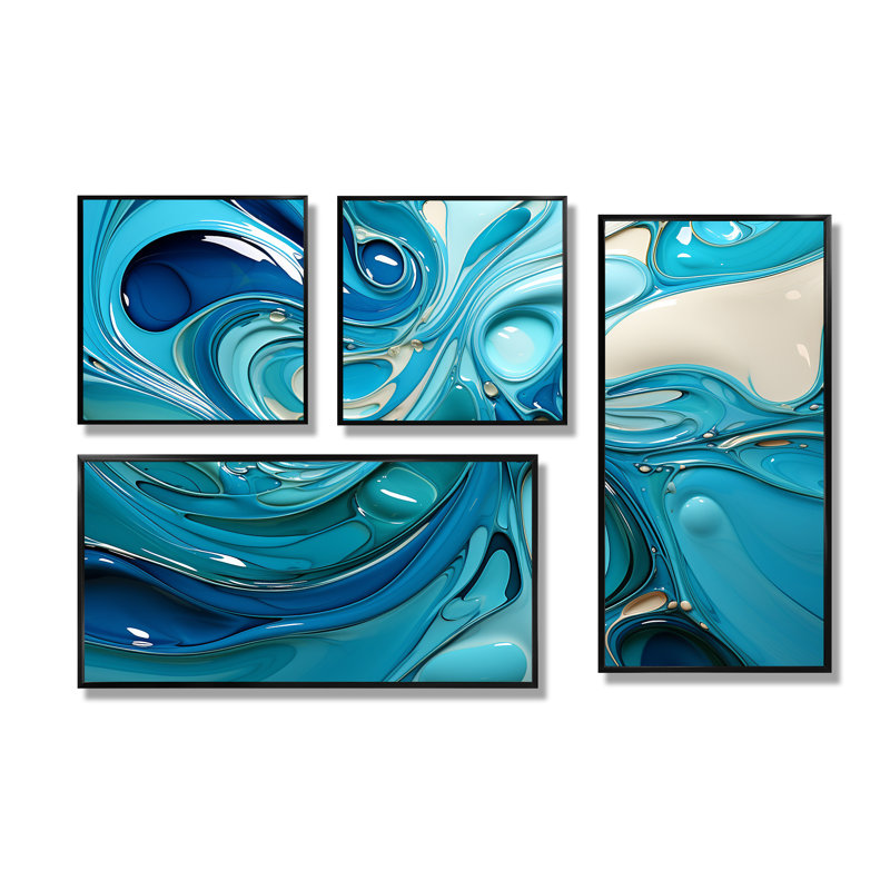 Blue Fluid Grind II - art mural moderne 4 panneaux, Noir, Impression encadrée sans passe-partout