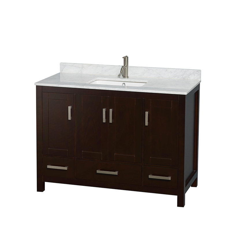 Meuble-lavabo simple autoportant avec plateau en marbre Sheffield, Espresso, Marbre blanc Carrera