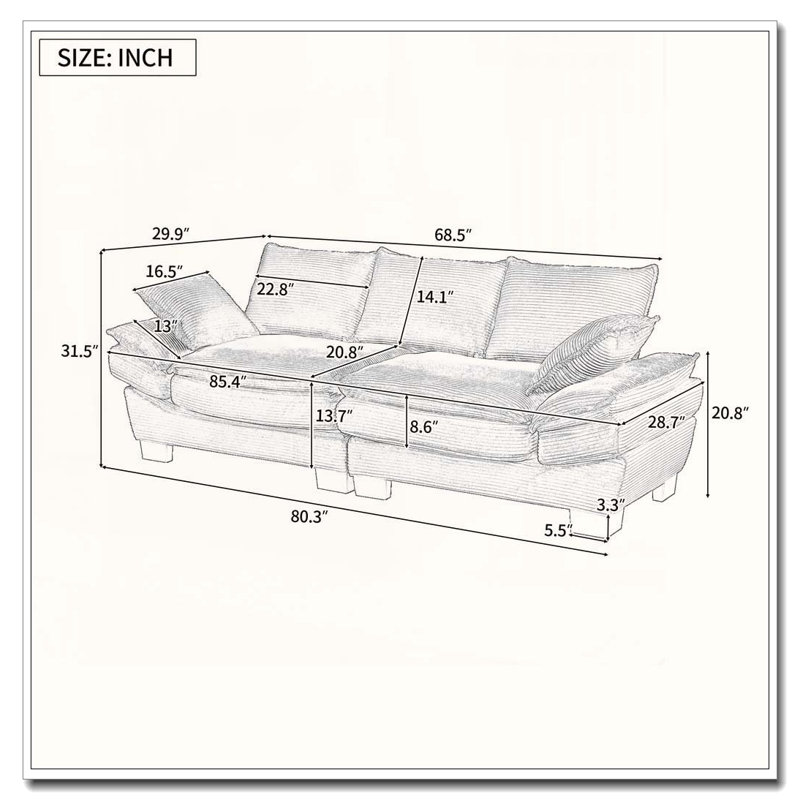 Canapé incurvé moderne 85,4 po avec velours côtelé et 4 coussins décoratifs, Gris
