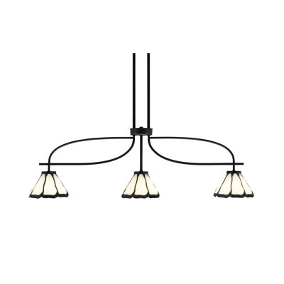 Snowberry Cavella 3 Light Island Light Shown In Matte Black Finish With 7" Pearl & Black Flair Art Glass