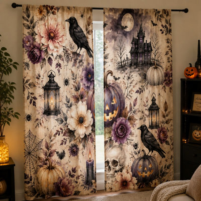 2Pcs Vintage Halloween Floral Curtains, Spooky Pumpkin Skull Raven Pattern Light Filtering Rod Pocket Window Drapes for Living Room Bedroom Kitchen Home Decor