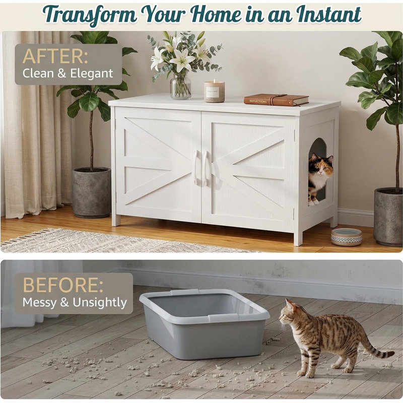 Très grand meuble pour chat caché en bois avec porte de grange, blanc
