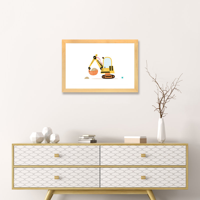 Excavator - impression d'art graphique, H 16 po x l 24 po x P 1 po, Blanc, Papier avec cadre beige