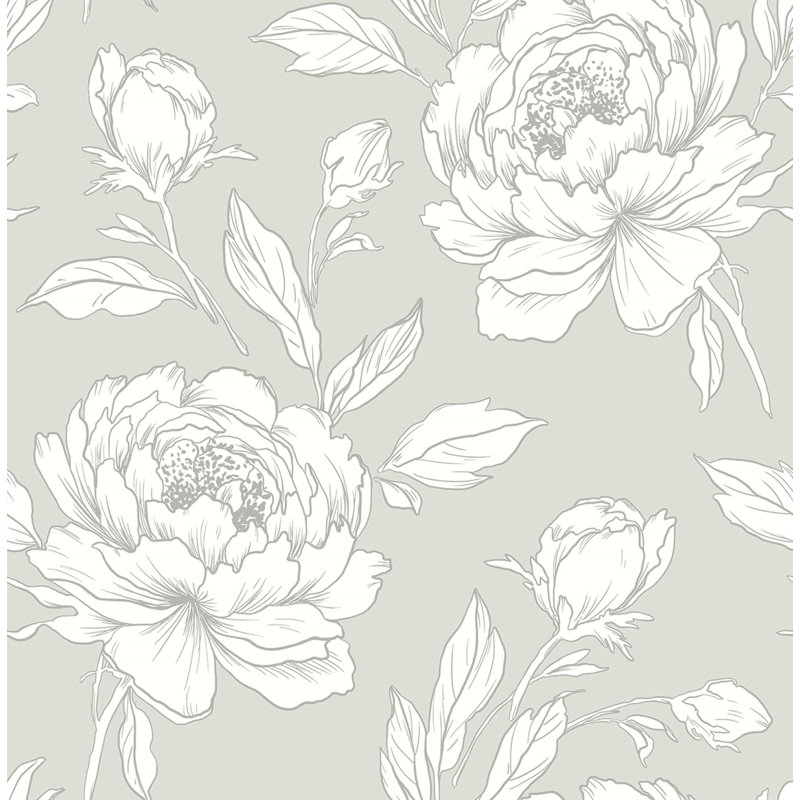 Papier peint floral pivoine, Gris / blanc / argent