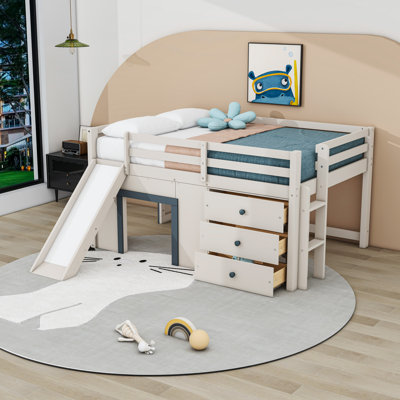 Full Three Drawers Wooden Loft Bed With Slide And Ladder