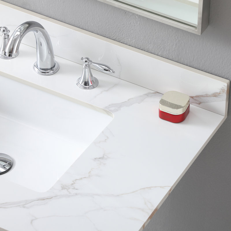 Comptoir de meuble-lavabo 37 po, pierre frittée dorée, lavabo rectangulaire en céramique, 3 trous de robinet, dosseret rectangulaire encastré 37 po, avec