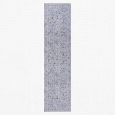 Blue Cream Chenille Machine Washable Non-Slip Low-Pile Runner Rug 2'6'' x 10' Blue Cream