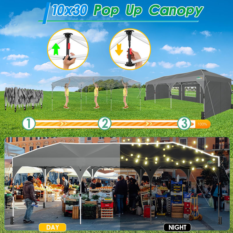 COBIZI 10x30 Party Tent Pop Up Canopy with Wheeled Bag - Tents for Parties with Patented Center-Lock Tech, 420D Waterproof Fabric, Easy Setup Canopy Tent with Removable Sidewalls