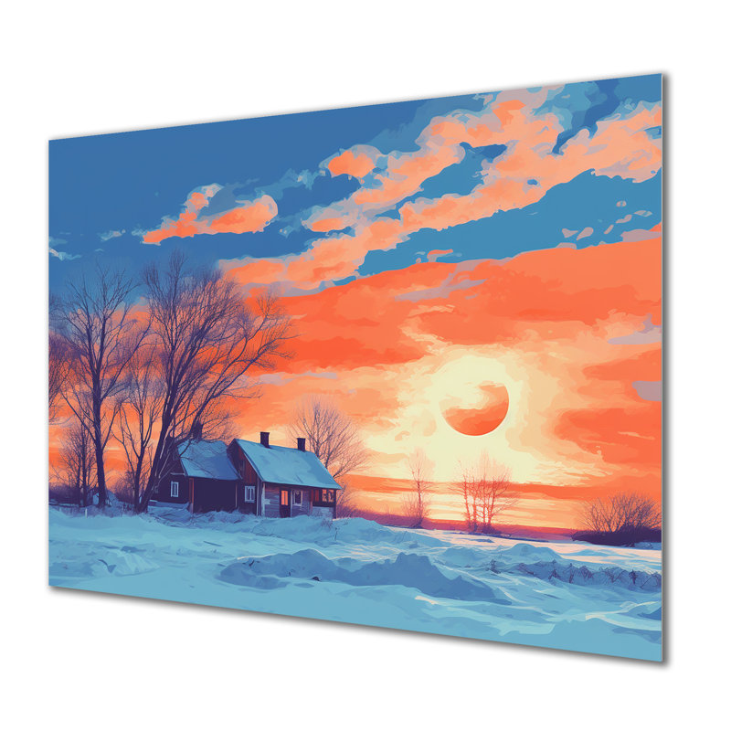 Coucher de soleil rouge sur une maison de campagne enneigée, Métal métal, H 12 po x l 20 po x P 1 po